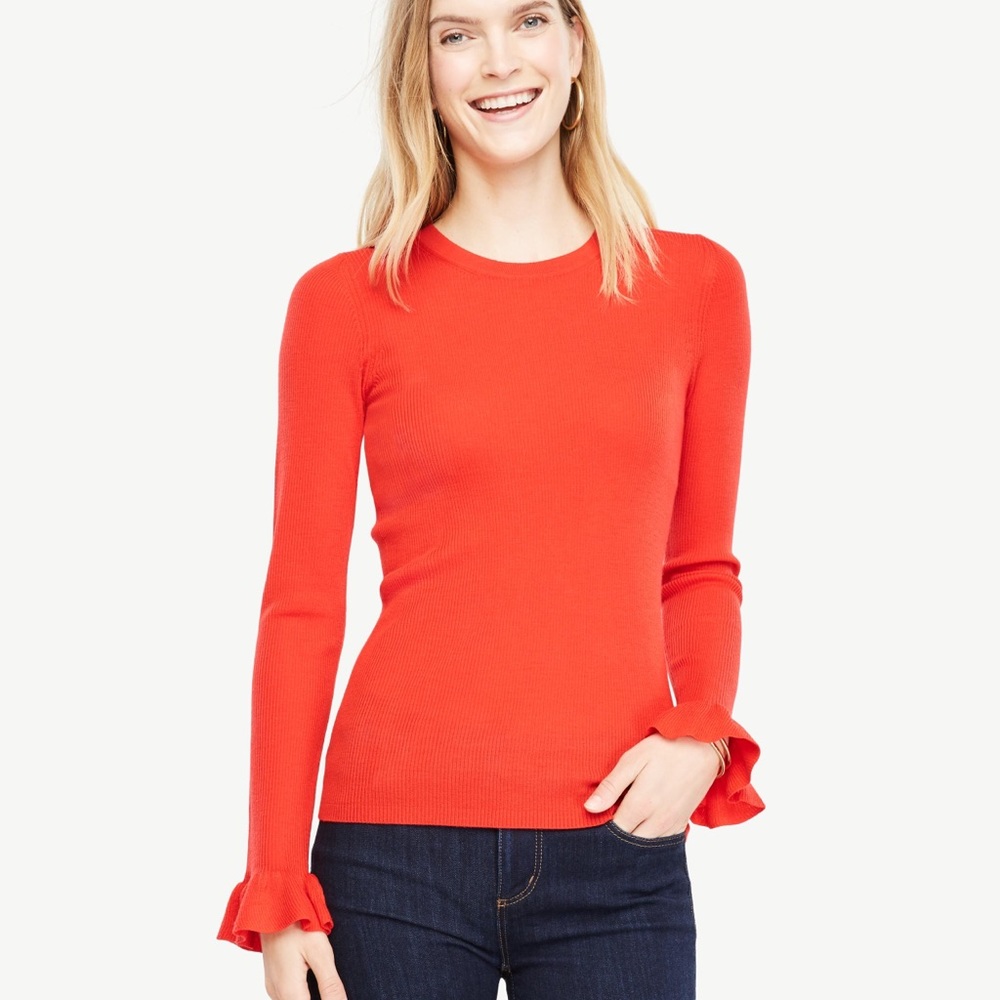 Ann Taylor merino wool sweater ruffle sleeve red S